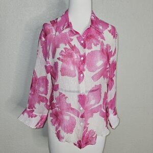 Bebesh 100% silk floral metallic button-down shirt Size Small